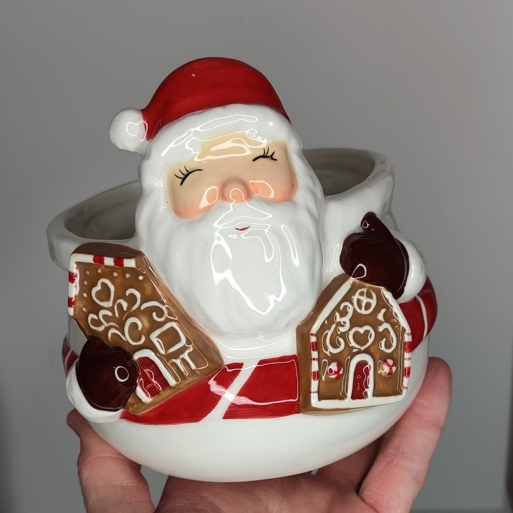 Whimsical Santa Claus Gingerbread House Christmas Planter Candy Dish Vase